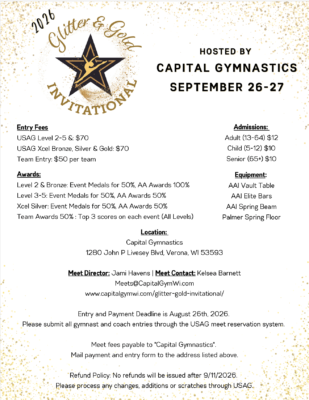 Poster announcing the 2016 Glitter & Gold Invitational gymnastics meet hosted by Capital Gymnastics on September 26–27, with location in Verona, Wisconsin, and details on fees, awards, and equipment.